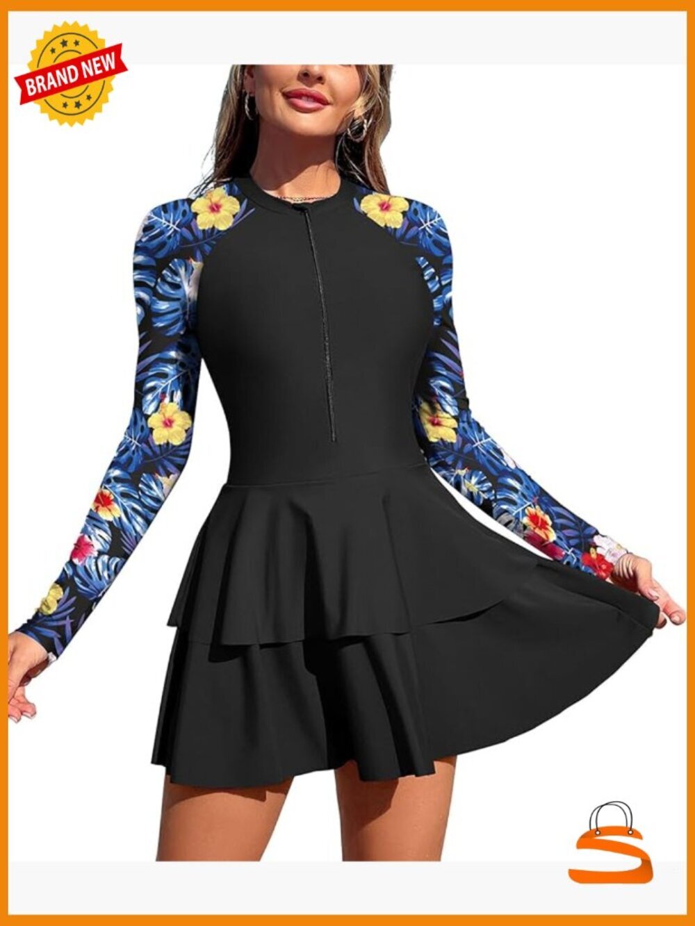 Women's One Piece Rash Guard Long Sleeve Modest Swim Dress Zip Up Skirt